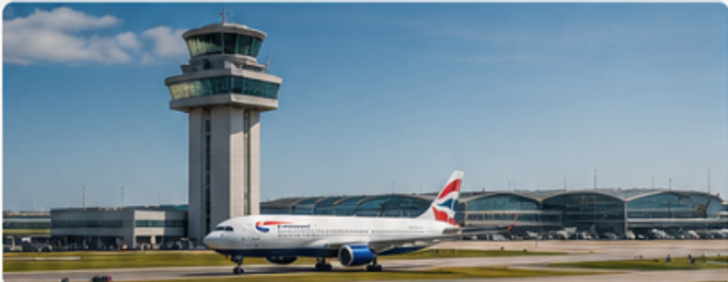 Heathrow airport control tower and aircraft