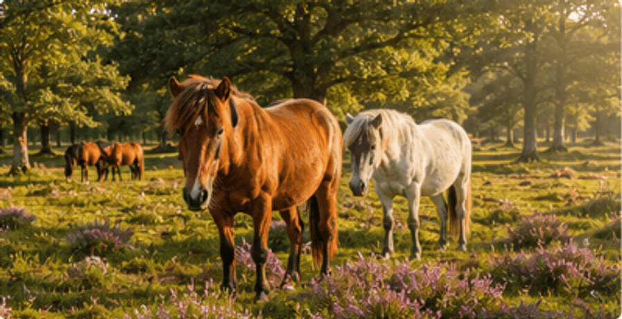 New Forest ponies in open woodland